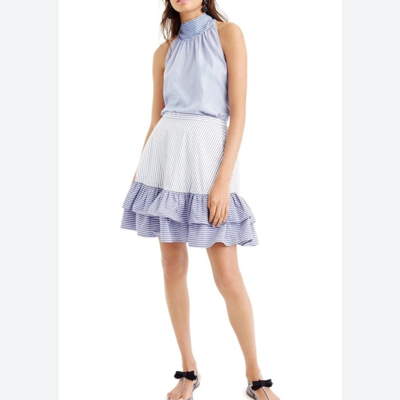 J. Crew Cocktail Blue and White Stripe Ruffle Skirt Poplin Cotton Preppy 4 - Picture 1 of 12